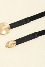 Womens elastic black leather belt with gold hammered disc buckle