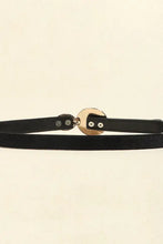 Women’s black leather belt with gold hammered disc buckle