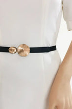 Black leather belt with gold hammered disc buckle