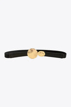 Women’s black elastic leather belt with gold hammered disc buckles