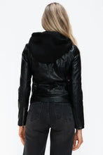 Womens Faux Leather Drawstring Hooded Jacket Black Zip Up Outerwear Woman Outerwear