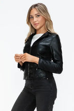 Womens Faux Leather Drawstring Hooded Jacket Black Zip Up Outerwear Woman Outerwear