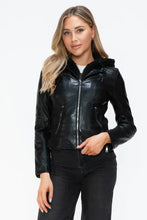Womens Faux Leather Drawstring Hooded Jacket Black Zip Up Outerwear Woman Outerwear