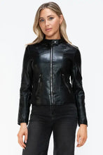 Womens Faux Leather Drawstring Hooded Jacket Black Zip Up Outerwear Woman Outerwear