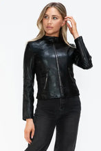 Womens Faux Leather Drawstring Hooded Jacket Black Zip Up Outerwear Woman Outerwear