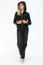 Womens Faux Leather Drawstring Hooded Jacket Black Zip Up Outerwear Woman Outerwear