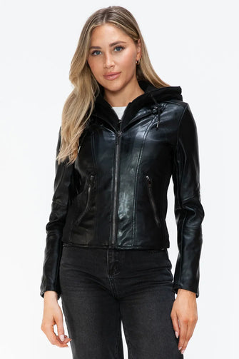 Womens Faux Leather Drawstring Hooded Jacket Black Zip Up Outerwear Black