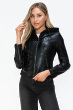 Womens Faux Leather Drawstring Hooded Jacket Black Zip Up Outerwear Woman Outerwear