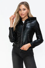 Womens Faux Leather Drawstring Hooded Jacket Black Zip Up Outerwear Woman Outerwear