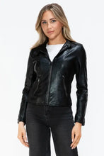 Womens Faux Leather Drawstring Hooded Jacket Black Zip Up Outerwear Woman Outerwear