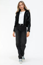 Womens Faux Leather Drawstring Hooded Jacket Black Zip Up Outerwear Woman Outerwear