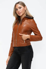 Womens Faux Leather Drawstring Hooded Jacket Brown Outerwear Woman Outerwear