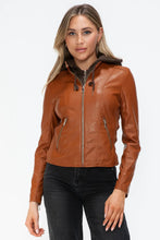 Womens Faux Leather Drawstring Hooded Jacket Brown Outerwear Woman Outerwear