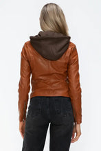 Brown faux leather drawstring hooded jacket for women
