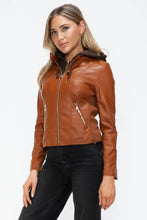 Womens Faux Leather Drawstring Hooded Jacket Brown Outerwear Woman Outerwear
