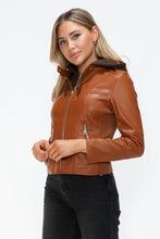 Womens Faux Leather Drawstring Hooded Jacket Brown Outerwear Woman Outerwear