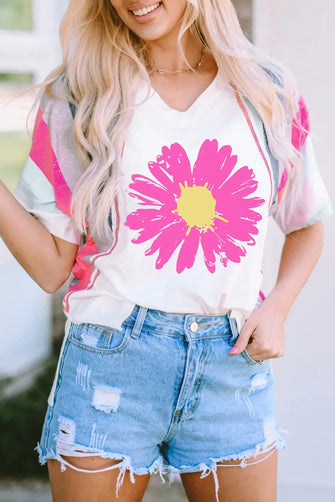 Womens Floral Print Casual Top Short Sleeve Crew Neck T Shirt White