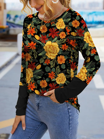 Womens Floral Print Long Sleeve Shirt Black
