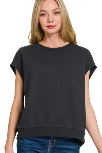Womens French Terry Round Neck Short Sleeve Top Charcoal BLACK