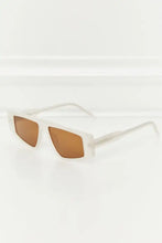 Womens geometric TAC polarization lens sunglasses with white rectangular brown lenses and silver frames
