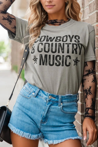 Womens Graphic Tee with Lace Sleeves Casual Stretchy Top Gray