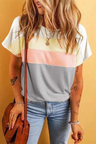 Womens Gray Color Block Ribbed Knit Top Light Yellow
