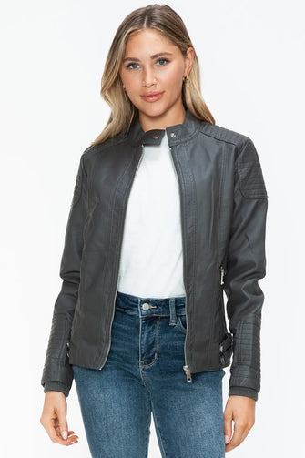 Womens Gray Faux Leather Biker Jacket with Zip Pockets Charcoal