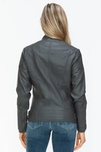 Women’s gray faux leather biker jacket with zip pockets