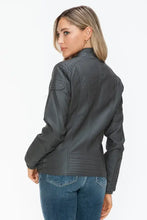 Women’s gray faux leather biker jacket with zip pockets