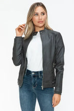 Womens Gray Faux Leather Biker Jacket with Zip Pockets Woman Outerwear