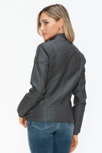 Womens Gray Faux Leather Biker Jacket with Zip Pockets