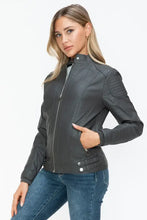 Womens Gray Faux Leather Biker Jacket with Zip Pockets Woman Outerwear