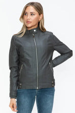 Womens Gray Faux Leather Biker Jacket with Zip Pockets Woman Outerwear