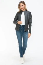 Womens Gray Faux Leather Biker Jacket with Zip Pockets Woman Outerwear