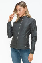 Womens Gray Faux Leather Biker Jacket with Zip Pockets Woman Outerwear