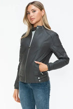 Womens Gray Faux Leather Biker Jacket with Zip Pockets Woman Outerwear