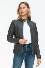 Womens Gray Faux Leather Biker Jacket with Zip Pockets