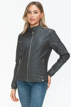 Womens Gray Faux Leather Biker Jacket with Zip Pockets Woman Outerwear