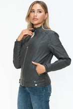Womens Gray Faux Leather Biker Jacket with Zip Pockets Woman Outerwear