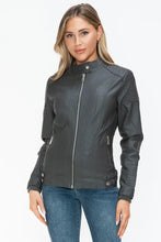 Womens Gray Faux Leather Biker Jacket with Zip Pockets Woman Outerwear