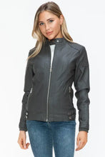 Womens Gray Faux Leather Biker Jacket with Zip Pockets Woman Outerwear