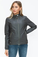 Womens Gray Faux Leather Biker Jacket with Zip Pockets Woman Outerwear