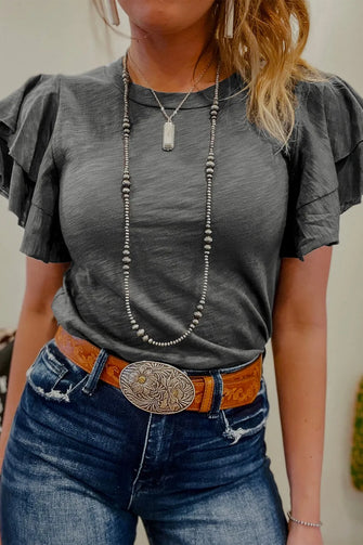 Womens Gray Ruffled Sleeve T Shirt Cotton Blend Dark Gray