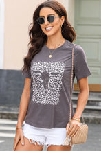 Womens Gray T-Shirt with Bull Skull and Leopard Print Graphic