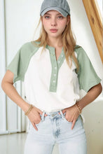 Womens Green and White Raglan Button Up Shirt