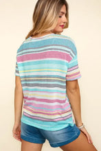 Women’s Haptics waffle stripe short sleeve t-shirt with front knot and blue denim shorts