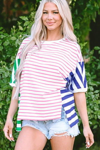 Womens High Low Striped Color Block T Shirt Cotton Elastane Stripe