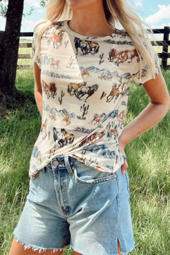 Womens Horse Print T Shirt with Denim Shorts Set Beige