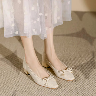 Womens Knit and Woven Low Heeled Loafers with Bow Detail Apricot