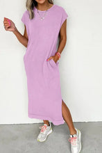 Women’s lavender cotton summer dress with pockets and sneakers